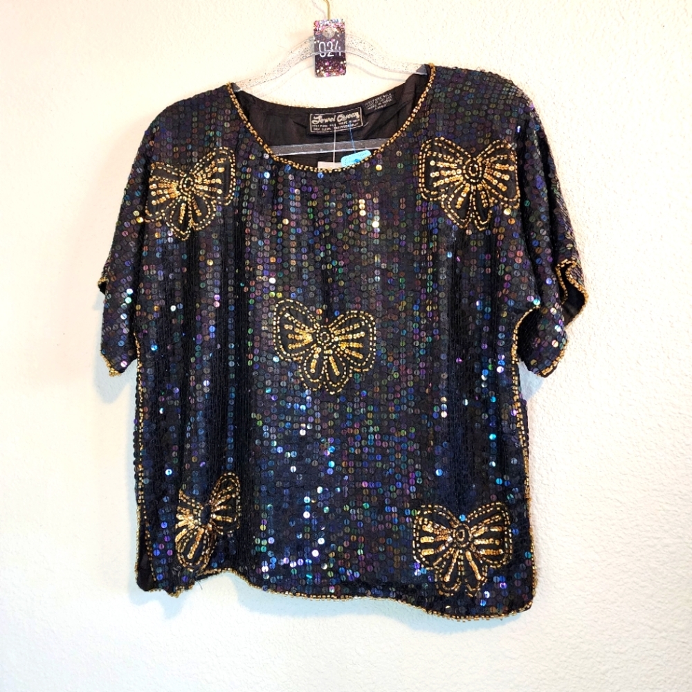 Vintage Jewel Queen Deadstock Colorful Beaded and Sequin Silk Top. NWT.